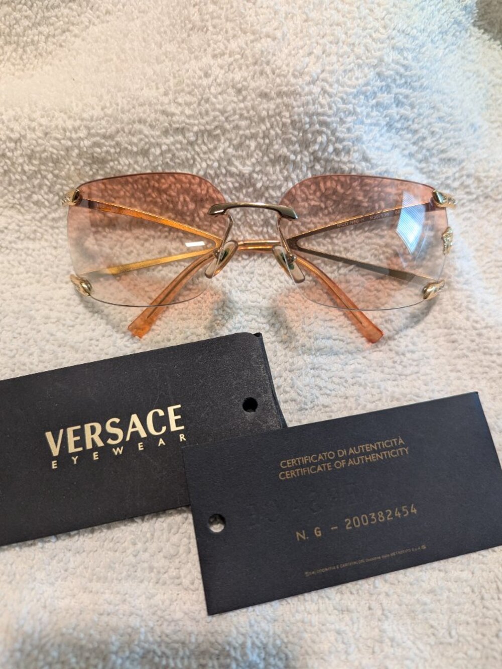 Vintage Versace N86-H Rimless Crystal Sunglasses Pink Gold Y2K